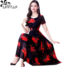 UHYTGF Women Bohemia long dresses Fashion chiffon summer dress V-neck Printed Large swing Beach dress Casual plus size dress 394 2024 - buy cheap