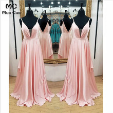 2018 Blush Rosa vestido de vestidos de tirantes finos de gasa de cuello en V profundo vestido de baile de graduación para los adolescentes de las mujeres vestido de noche Formal 2024 - compra barato