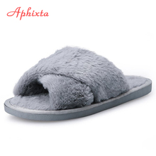 Aphixta sapatos femininos de pele falsa, chinelos macios para casa e interior de pele, pingentes de mules, inverno e outono, sapatos de casa sólidos plus size 2024 - compre barato