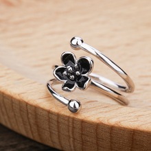 New S925 Sterling Silver Drip Oil Black Rose Flower Adjustable Rings for Girl Gift Open Ring Women Sterling Silver Jewelry 2024 - buy cheap