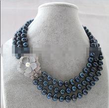 Красивый 17 "3 ряда 10 мм черный круглый пресноводный жемчуг ожерелье-оболочка застежка 2024 - купить недорого