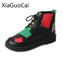 Spring and Autumn Fashion Cross-tied Women Boots Pu Leather Mixed Colors Female Boots Round Toe Flat Boots 2024 - buy cheap