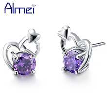 Almei 15%Off Heart Love Purple Crystal Earrings Stud Lady Brincos Silver Jewelry Vintage Bijoux Brinco Women Cute Earring R499 2024 - buy cheap