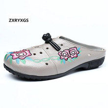 2022 Newest Embroidered Hollow Summer Leather Slippers Women Sandals Round Head Retro Flat Slipper Mother Shoes Fashion Sandals 2024 - buy cheap