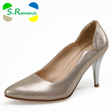 S.Romance Plus Size 31-43 Women Pumps Fashion Sexy Slip-On Elegant High Heels Office Woman Shoes Gold Silver Blue SH317 2024 - buy cheap