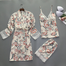 Conjunto de pijama floral de cetim feminino, conjunto pijama sexy de seda roupa de dormir de verão com renda 2024 - compre barato