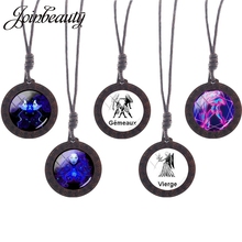 JOINBEAUTY 12 Zodiac Signs Pendant Necklace Wood Glass Cabochon Necklace Vintage Choker Statement Necklace Women Christmas Gift 2024 - buy cheap