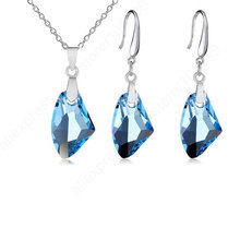 Conjunto de joyas de plata de ley 925 de cristal azul austriaco, pendientes, colgante, collar, pendientes de gota, 18 pulgadas 2024 - compra barato