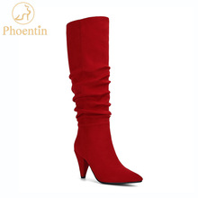 Phoentin-Botas aterciopeladas de media pantorrilla para mujer, zapatos plisados con punta puntiaguda y tacones altos de 9cm, color rojo, FT711, Otoño, 2019 2024 - compra barato