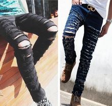 Moda rasgado magro preto calças de brim personalidade masculina rock estilo jean calças homme calças de ajuste fino para homens angustiado calca jeans 2024 - compre barato
