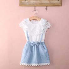 Summer Lovely Princess Toddler Baby Girls Dress 2-7Y Petal Sleeve Lace Floral White Bow Blue Denim Straight Knee-Length Dress 2024 - buy cheap