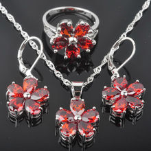Conjunto de joyas inusuales de Color plateado para mujer, collar de boda, pendiente, anillo, conjunto de disfraces de cristal de circonita roja QZ0251 2024 - compra barato