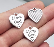 Dijes de "I love god" chapados en plata antigua, suministros de bricolaje, accesorios de joyería, calaveras de corazón, 17x17mm, 30 unids/lote 2024 - compra barato