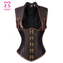 Brown Collar Underbust Waist Trainer Vest Corsets And Bustiers Sexy Steel Bone Waist Trainer Corset Steampunk Costume Burlesque 2024 - buy cheap