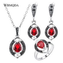 3 Pcs/lot Vintage Red Stone Black Crystal Jewelry Sets For Women Silver Plated Necklace Ring Earrings Party Accessories 2024 - buy cheap