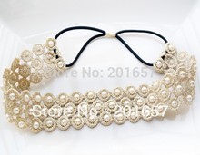 Romantic pearl 3cm Lace elastic headband for hair Wholesale fashion bohemian lace with pearl handmade elastic hairband headband 2024 - buy cheap