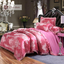 Liv-Esthete Luxury Pink Satin Jacquard European Bedding Set Lace Side Duvet Cover Flat Sheet Queen King Bed Linen For Adult 2024 - buy cheap