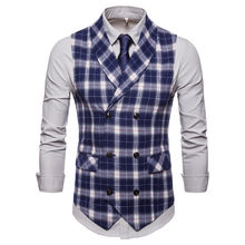 New Men Plaid Striped Vintage two-breasted suit vest Trendy Male Formal Business Slim Fit Dress Vests Suit Tuxedo Waistcoat 2024 - buy cheap