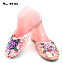 Ladies Sequins Slippers Women Outdoor Flat Slipper Silk and Satin Home Shoe Sparkling Fashion Mules Woman Vintage Summer Slides 2024 - buy cheap