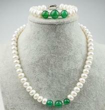 Genuine Natural 5X7MM WHITE CULTURED PEARL & GREEN JADE necklace Bracelet AAA 2024 - buy cheap