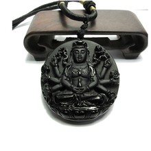 Drop Shipping Carved jewelry Black Obsidian Guanyin Buddha Pendant Necklace 2024 - buy cheap