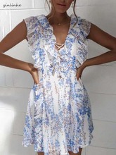 Yinlinhe vestido de chiffon azul floral feminino, sem mangas, renda sexy, verão 2019, cintura justa, boho, férias, babados, vestido 1211 2024 - compre barato