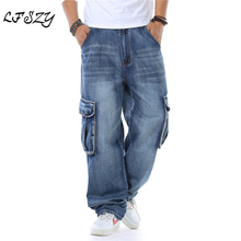 Мужские прямые джинсы-карго, свободные синие джинсы в японском стиле с карманами по бокам, большие размеры 40, 46 2024 - купить недорого