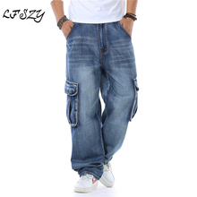 Japan Style Brand Mens Straight Denim Cargo Pants Biker Jeans Men Baggy Loose Blue Jeans With Side Pockets Plus Size 40 46 2024 - buy cheap