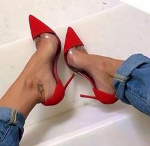 Sexy Woman Heels High Red Suede Pointed Toe Shoes Pumps PVC Transparent Women Shallow Pumps Office Stiletto Heels Ladies Shoes 2024 - buy cheap