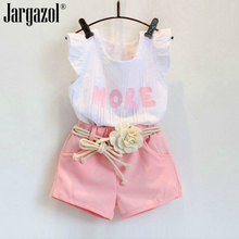 Conjunto de roupas fashion para meninas, 3 pçs, camisa branca, rosa, curta, cinto de flores, roupa infantil, verão 2024 - compre barato