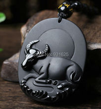 Beautiful Handwork Genuine Natural Black Obsidian Carved Chinese Zodiac Ox Lucky Amulet Pendants free Necklace fashion Jewelry 2024 - buy cheap