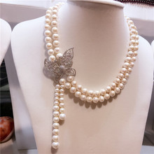 Lazo de perlas de agua dulce natural blanca de 9-10mm anudado a mano con micro incrustaciones de circonita, collar de borla, joyería de moda 2024 - compra barato