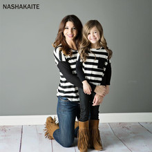 NASHAKAITE Mommy and me clothes Patch Pocket Striped Top Autumn Winter Long Sleeve Tee mom and daughter matching clothes 2024 - buy cheap