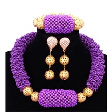 Conjunto de joias luxuosas com contas douradas estilo dubai, roxo, gargantilha indiana, colar nigeriano, pulseira, brincos, 2017 2024 - compre barato