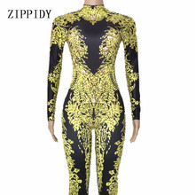 Gold Rhinestones Printed Jumpsuit Women's Birthday Party Dance Wear Nightclub Female Singer Show Leggings Outfit Sexy Clothes 2024 - buy cheap