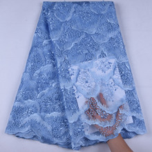 Кружевная ткань небесно-голубого цвета из фатина с бусинами, кружевная ткань для нигерийского свадебного платья Y1659, 2019 2024 - купить недорого