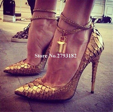 Brand Design Women Fashion Pointed Gold Pattern Leather Gold Lock Pumps Ankle Straps Thin Heel Pink High Heels Dress Shoes 2024 - buy cheap