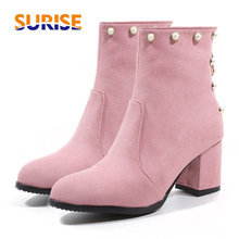 Big Size Winter Autumn Studded Pearl Women Ankle Boots 5cm Square Block High Heel Pink Flock Round Toe Casual Zipper Short Boots 2024 - buy cheap
