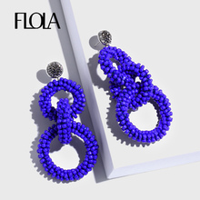 Серьги-кольца FLOLA с синими кристаллами женские, большие круглые серьги ручной работы с бусинами в богемном стиле сережки Oorbellen ersn50 2024 - купить недорого