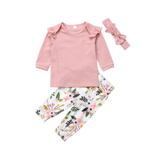 Camiseta de algodón de manga larga para niñas pequeñas, pantalones florales, diadema, conjunto de ropa, otoño 2024 - compra barato
