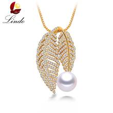 Women Solid Silver Leaf Pendant Elegant 5A Natural Freshwater Pearl Necklace Luxury Crystal 925 Sterling Silver Jewelry Lindo 2024 - buy cheap