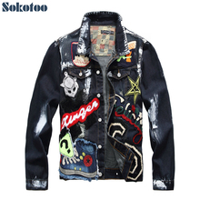Sokotoo Men's badge patches painted blue black denim jacket Trendy beauty patchwork long sleeve coat Outerwear 2024 - buy cheap