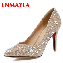 Enmayla cristal senhoras sapatos de salto alto sapatos femininos prata ouro strass bombas finas sexy saltos altos apontou toe sapatos de casamento mulher 2024 - compre barato