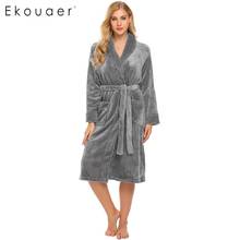 Ekouaer Women Winter Long Robe Bathrobe Fleece Sleepwear Long Sleeve Shawl Collar Solid Wrap Robes Femme Longue Homewear Robe 2024 - buy cheap
