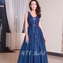 Graceful Navy Blue Backless Arabic Evening Dress 2019 Gorgeous Beaded Appliques Tulle A Line Long Formal Dress Vestido De Festa 2024 - buy cheap