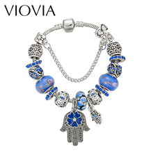 VIOVIA 2019 Blue Hamsa Charm Bracelets For Women Bracciali Donna Luxury Crystal Beads Evil Eye Bracelets Bangles Pulseras B16151 2024 - buy cheap