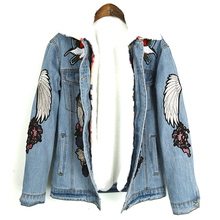 Jaqueta jeans com bordado em flor guindaste, casaco vintage feminino de outono e inverno, jaqueta básica casual, rasgada, de área externa 2021 2024 - compre barato