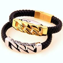 Pulsera de cuero trenzado para hombre, brazalete de acero inoxidable, Color plata, oro cubano, negro, Estilo Vintage, Punk, 8,46" 2024 - compra barato