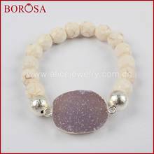 BOROSA Gold / Silver Color Natural Stone Charm Druzy Connector With Faceted White Howlite Stone Beads Bracelets for Women 1398 2024 - buy cheap