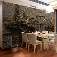 Beibehand-papel de parede 3d em relevo, floresta, cabana, árvore grande, voador, pássaro, sala de estar, plano de fundo, parede 2024 - compre barato